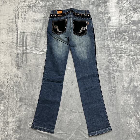 New Platinum Plush Embroidered Studded Straight Jeans Womens Size 1‎ Velvet Blue - Picture 2 of 10
